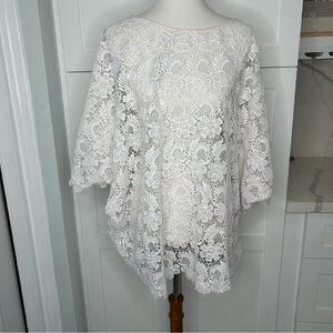Melissa Odabah Short White Floral Lace Kaftan One Size Pink Trim Swim Cover Up